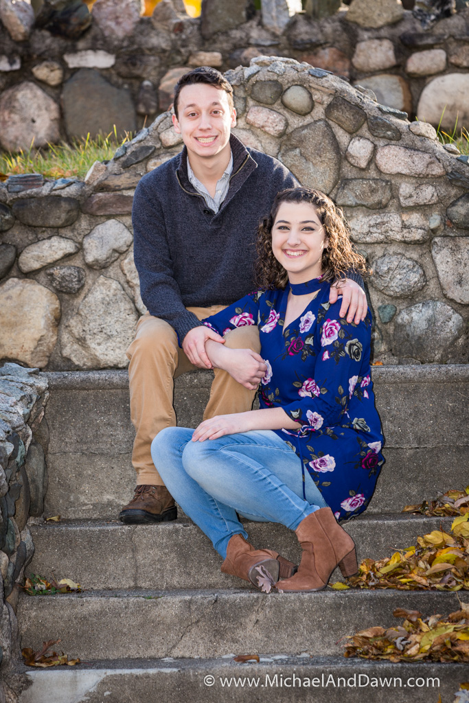 engagement picture on a stone staircase