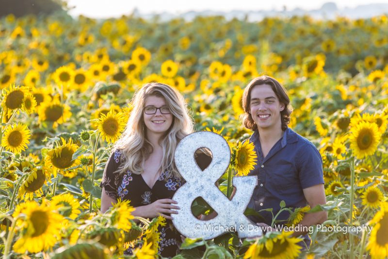 Image of couple holding ampersand sign in the middle of a sunflower field